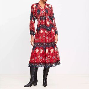 NWT LOFT Red Floral Bow Neck Tiered Midi Dress Western Boho Sheer Sleeve Size SP